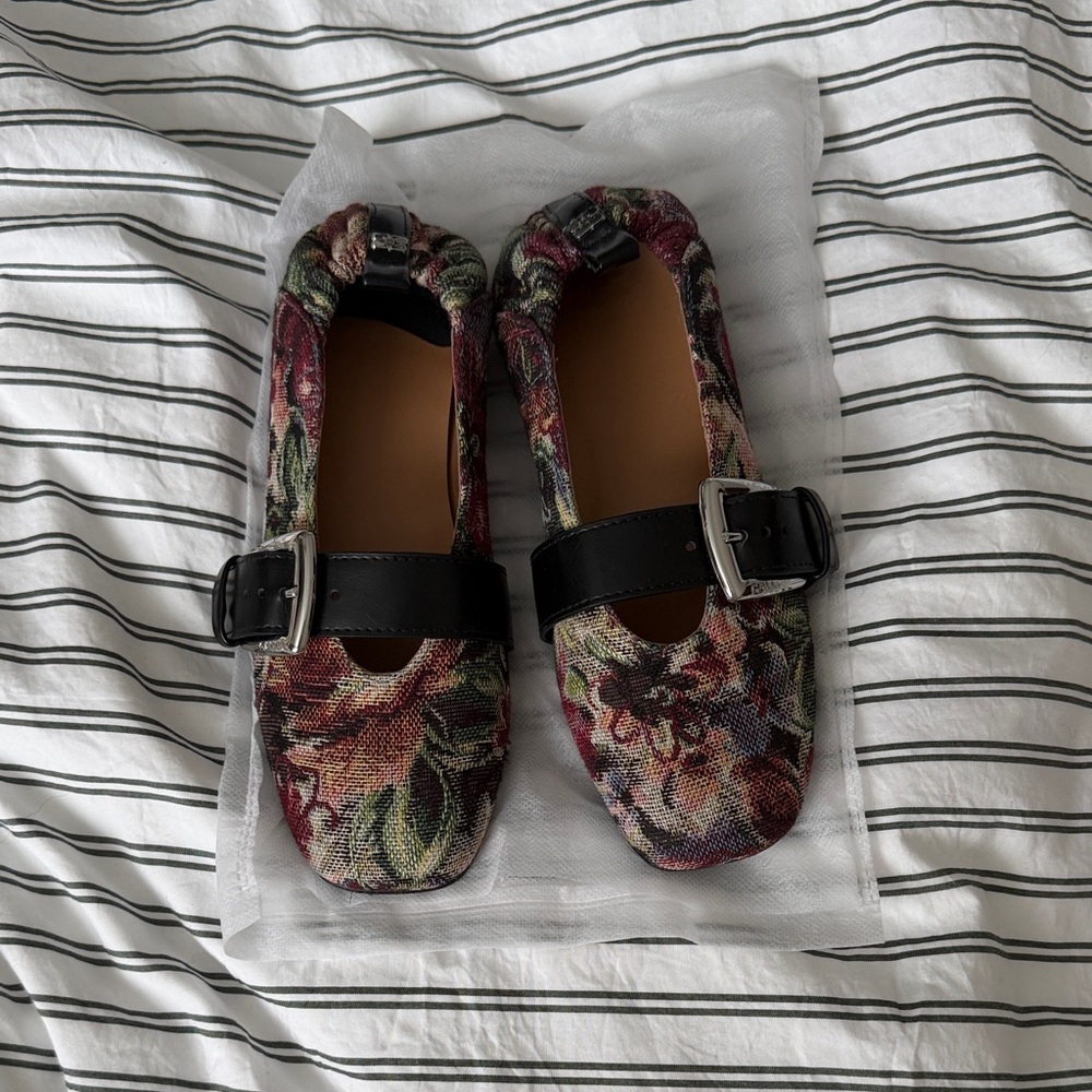 Ganni Floral Buckle Mary Jane Flats in Burgundy Multi